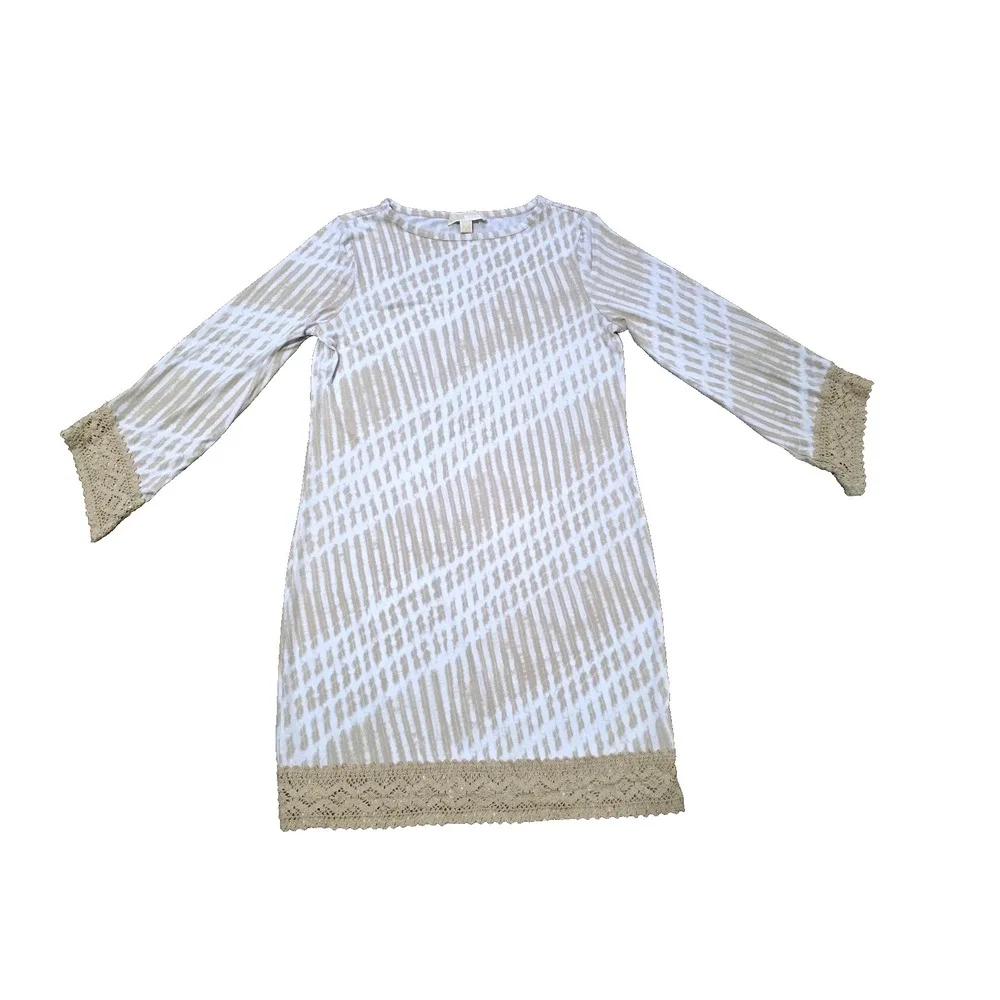 Michael Kors Womens Midi Sheeth 3/4 Sleeves Tan Embroidered‎ Dress  Size M